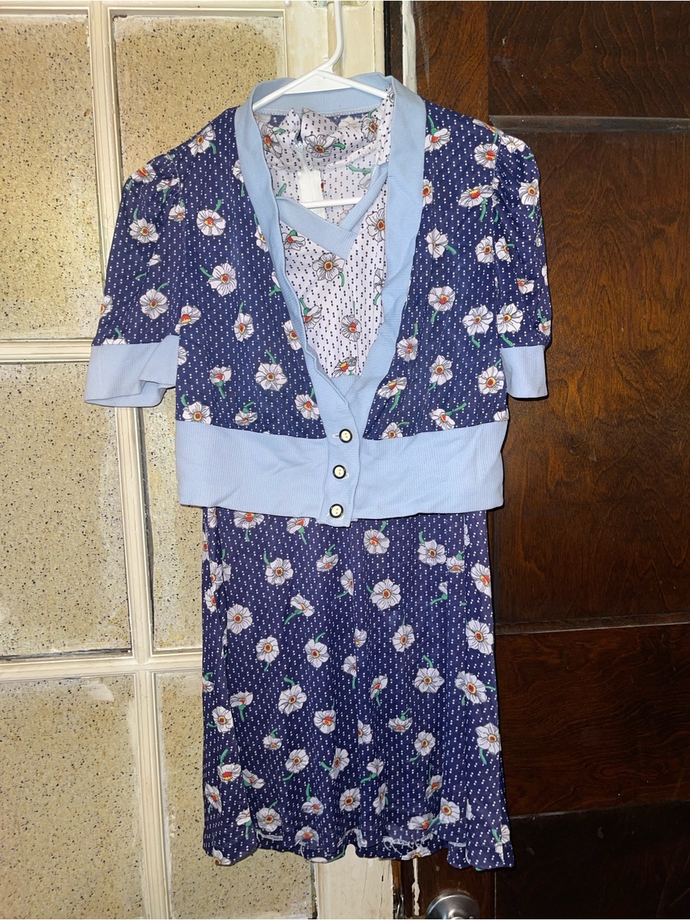 Vintage 2 Piece Light Blue Floral Sleeveless Kids Dress - Sz L